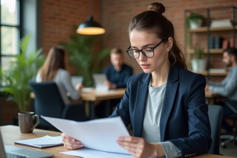 Femme professionnelle étudiant des documents de financement pour une formation au bureau