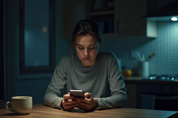 Femme seule dans sa cuisine la nuit en train d'écrire un message sur son téléphone avec une expression hésitante