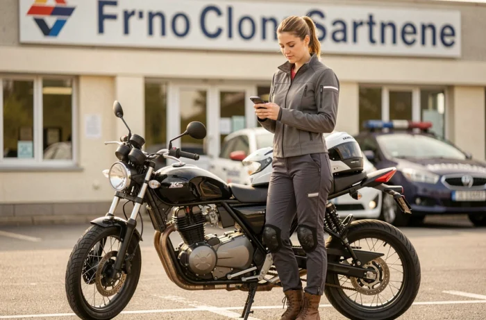 Femme motarde avec une 125 cm3 devant une auto-école française consultant son téléphone