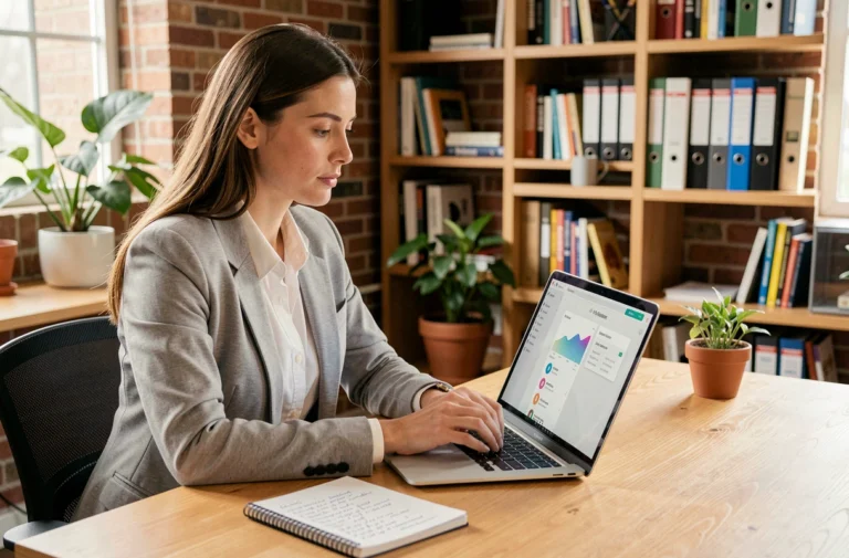 Femme utilisant la plateforme Tarenoi sur un ordinateur portable dans un espace de coworking moderne