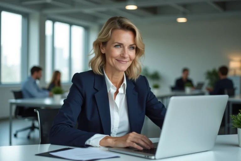Femme professionnelle rédigeant un e-mail soigné sur un ordinateur portable dans un bureau moderne, illustrant l'importance des formules de politesse dans la communication professionnelle par email
