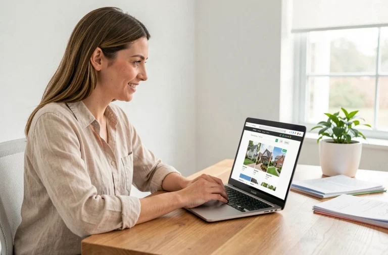 Femme utilisant un moteur de recherche immobilier sur ordinateur portable dans un bureau moderne