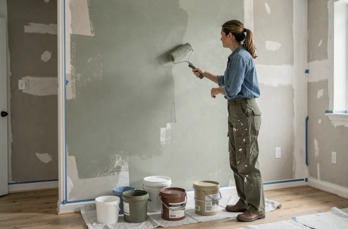 Femme appliquant un enduit mural écologique texturé lors d'une rénovation intérieure DIY