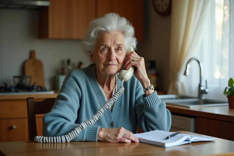 Une femme senior en cardigan bleu téléphone assise à une table en bois pour souscrire un abonnement téléphonique