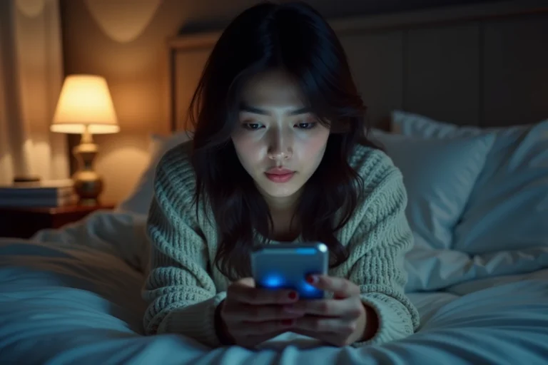 Jeune femme allongée sur son lit la nuit, hésitant à envoyer un SMS tard le soir depuis son smartphone