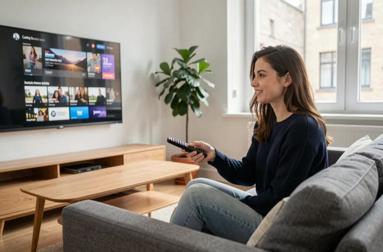 Jeune femme française regardant une plateforme de streaming sur son canapé dans un salon moderne et cosy