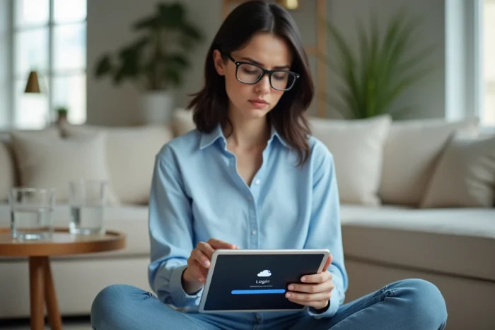Femme consultant une application de stockage cloud sur une tablette avec un message de chargement bloqué dans un salon