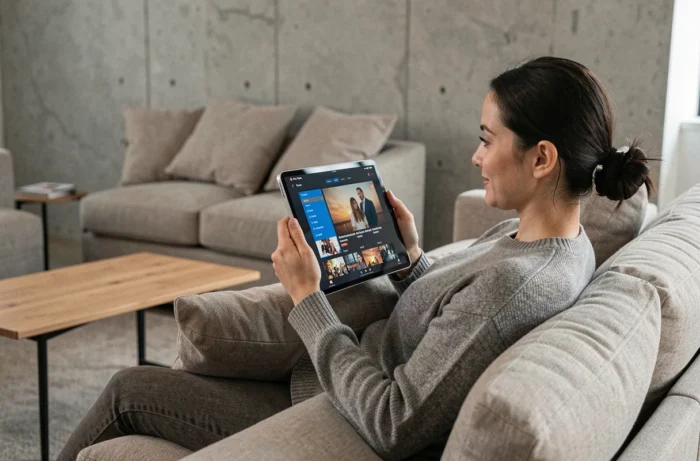 Femme utilisant une tablette pour accéder à une plateforme vidéo légale en toute sécurité