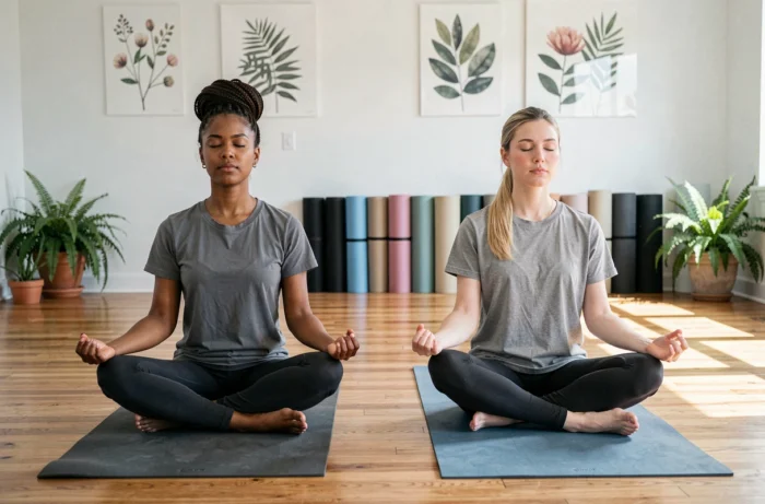Deux femmes pratiquant la méditation ensemble sur des tapis de yoga dans une salle de bien-être lumineuse