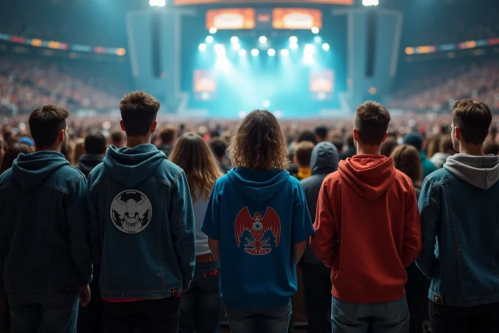 Foule en fosse debout dans une grande salle de concert type Accor Arena, public en attente du spectacle