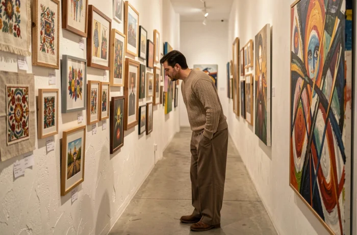 Visiteur explorant une galerie d'art alternative aux murs couverts d'œuvres contemporaines éclectiques