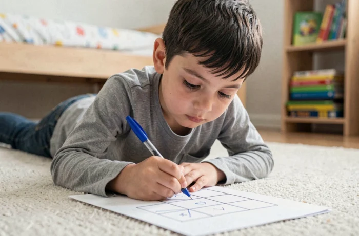 Jeune garçon allongé sur un tapis dessinant un jeu de grille au stylo bille sur une feuille de papier dans sa chambre