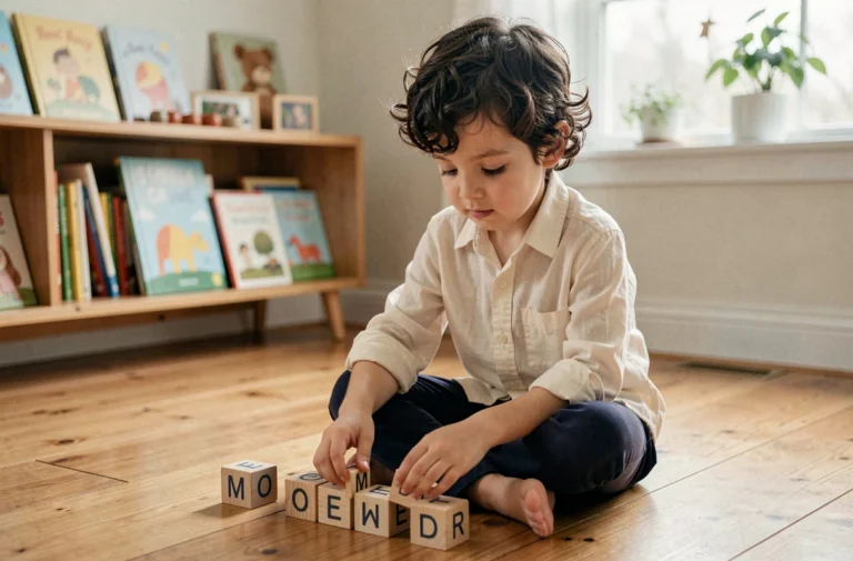 Petit garçon aux cheveux bouclés jouant avec des blocs de lettres en bois sur un parquet, illustrant le choix d'un prénom comme César