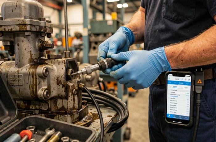 Gros plan sur les mains d'un technicien utilisant une clé dynamométrique pour la maintenance d'une pompe mécanique sur le sol d'une usine en production