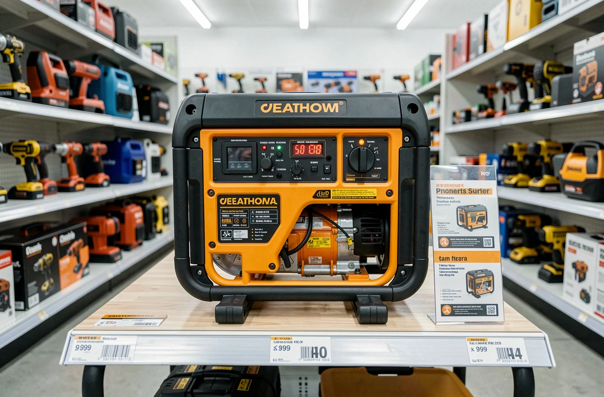 Groupe électrogène SDMO Alizé 3000 exposé sur un présentoir dans un magasin de bricolage