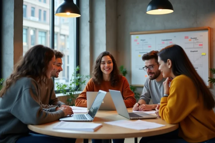 Groupe d'étudiants travaillant ensemble sur la stratégie de notes du BCE dans un espace de coworking moderne