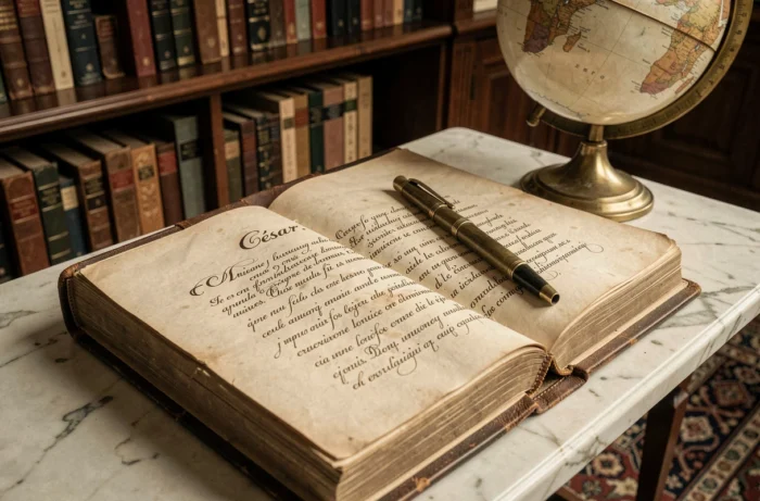 Vieux livre ouvert avec calligraphie latine et le prénom César écrit à la plume sur une surface en marbre dans une bibliothèque ancienne