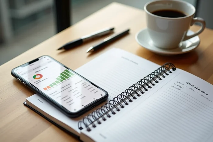 Vue aérienne d'un smartphone affichant l'historique de position SEO dans Google Search Console avec un carnet de notes