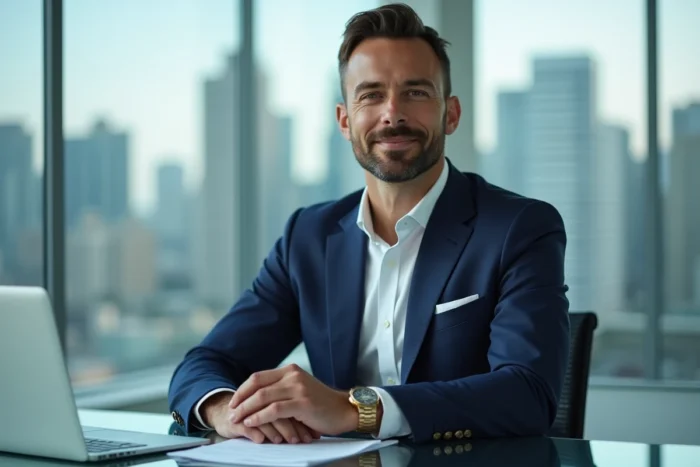 Homme d'affaires élégant en costume bleu marine assis dans un bureau moderne avec vue sur la ville, symbolisant la fortune et les investissements d'un sportif de haut niveau
