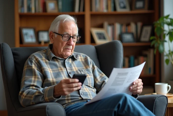 Un homme âgé compare des offres d'abonnement téléphonique senior en tenant un smartphone et une brochure