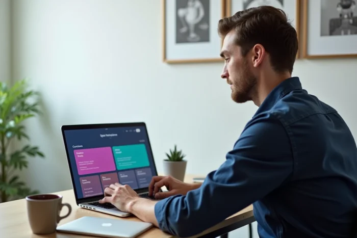Homme adulte étudiant l'italien sur ordinateur portable avec Duolingo dans un bureau à domicile