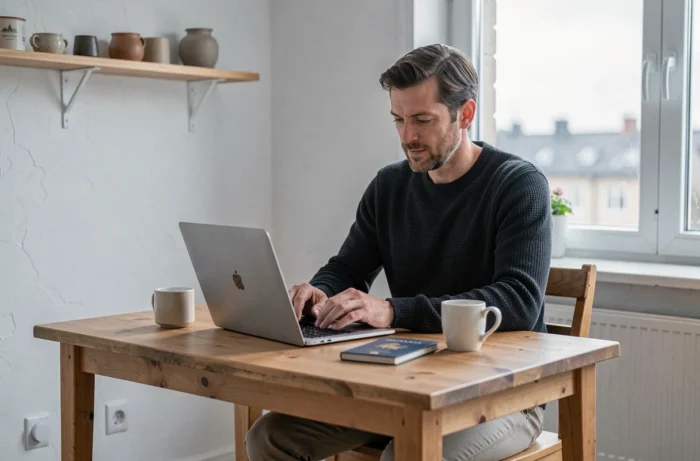 Homme consultant une assurance voyage sur laptop dans un appartement Airbnb scandinave, concept de protection des utilisateurs en location courte durée