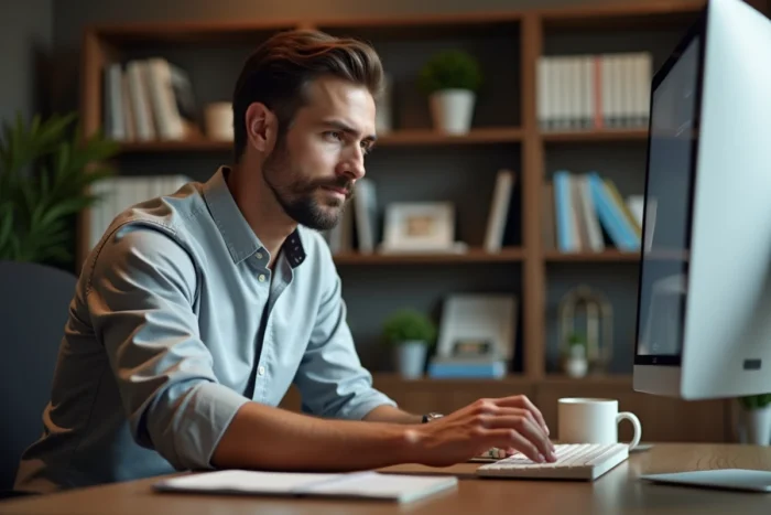 Homme d'affaires lisant attentivement un email professionnel sur son ordinateur de bureau, soulignant l'impact des vœux de bonne réception dans la correspondance électronique professionnelle