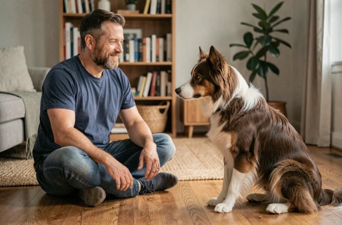 Homme en communication non-verbale avec son border collie dans un salon, renforçant le lien de confiance avec son chien