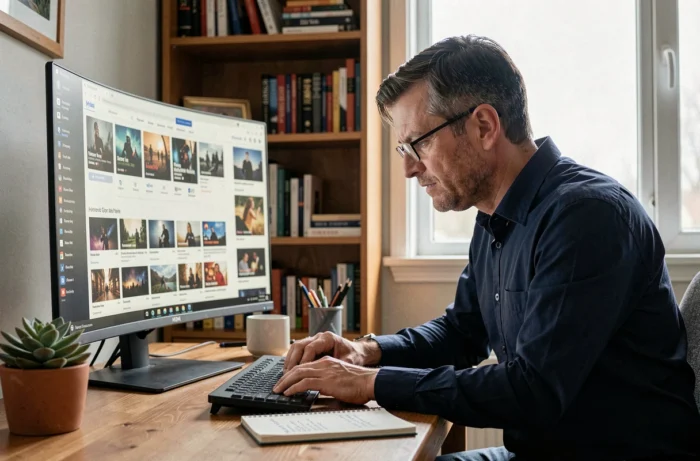 Homme comparant différentes plateformes de streaming sur un ordinateur dans un bureau à domicile