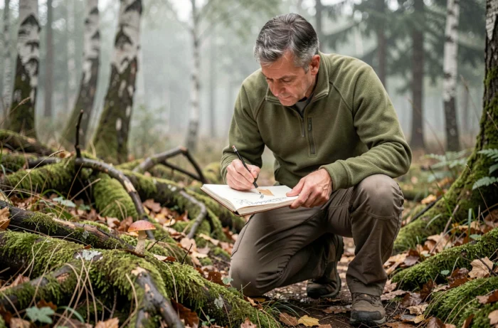 Homme dessinant des champignons sauvages dans un carnet de croquis en forêt lors d'une balade nature