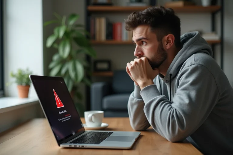 Homme frustré devant un écran d'erreur de connexion sur un ordinateur portable dans un bureau à domicile