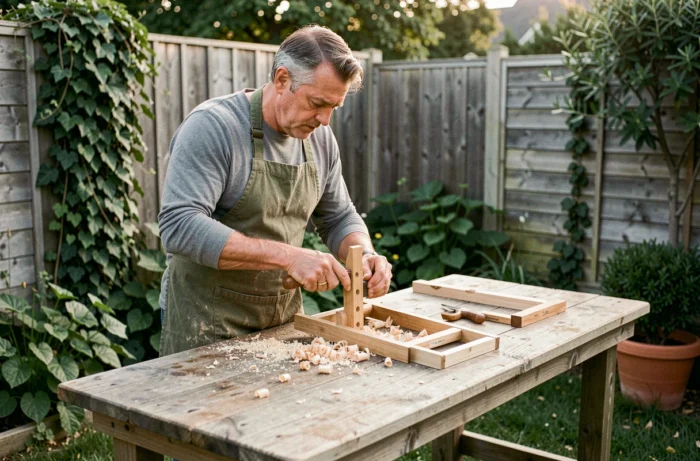 Homme assemblant un kit de menuiserie sur un établi en bois dans un jardin verdoyant, activité loisir créatif en plein air