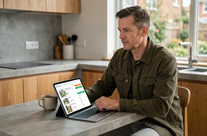 Homme consultant un moteur de recherche immobilier sur tablette dans une cuisine moderne
