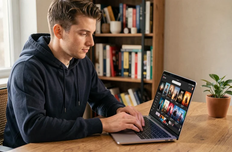 Homme naviguant sur une plateforme de streaming légale depuis son bureau à domicile