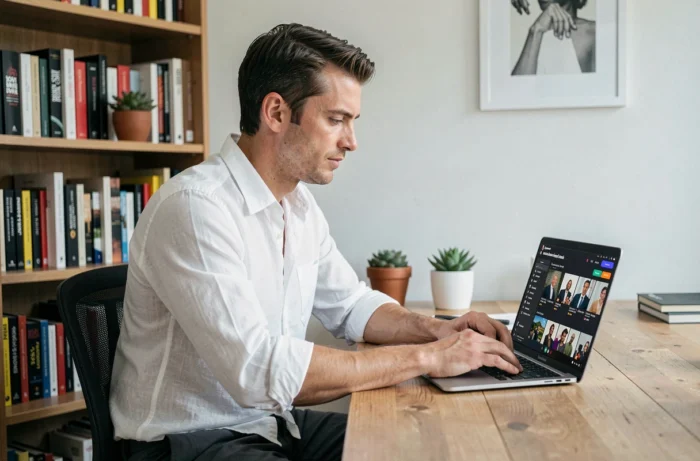 Homme français concentré sur une plateforme de streaming française depuis son bureau à domicile