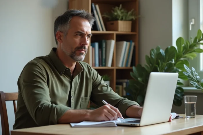 Homme recherchant des solutions de financement de formation sur un ordinateur portable à domicile