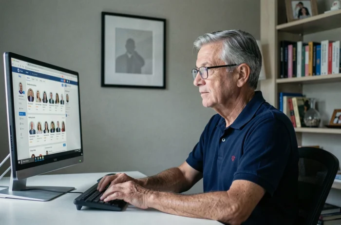 Un homme senior concentré devant son ordinateur de bureau, participant à une communauté en ligne dédiée aux rencontres pour seniors