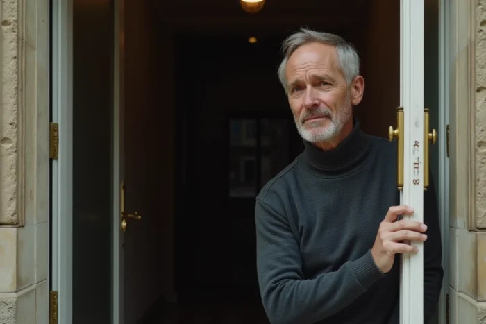 Un homme se tenant sur le seuil de son immeuble parisien, symbolisant la frontière entre vie privée et exposition médiatique