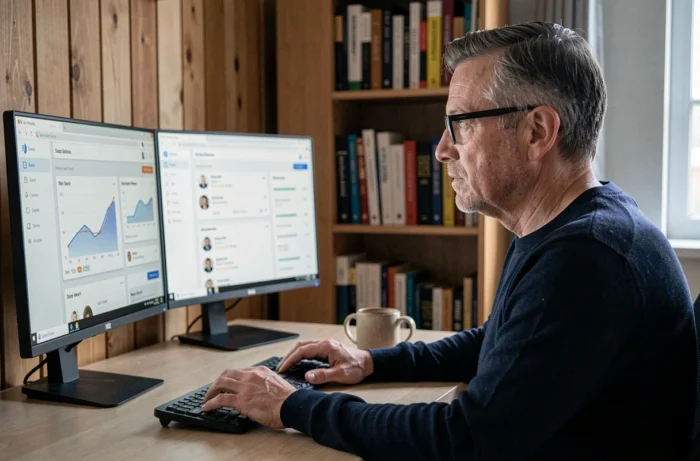 Homme en télétravail consultant la plateforme Tarenoi sur un double écran dans un bureau à domicile