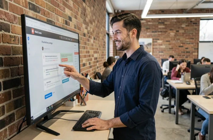 Homme consultant un tutoriel sur un écran dans un espace de coworking pour bien démarrer sur une nouvelle plateforme