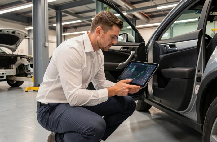 Ingénieur automobile masculin analysant les données d'un SUV prototype sur tablette numérique dans un centre de recherche et développement automobile