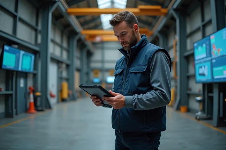 Ingénieur utilisant une tablette de localisation précise Deveryloc dans un environnement industriel moderne