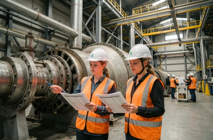 Deux ingénieures en sécurité examinant un planning de maintenance préventive devant une turbine industrielle dans une usine en activité