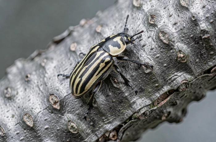 Gros plan d'un longicorne xylotrechus stebbingi sur l'écorce d'un mûrier platane montrant ses caractéristiques rayures distinctives