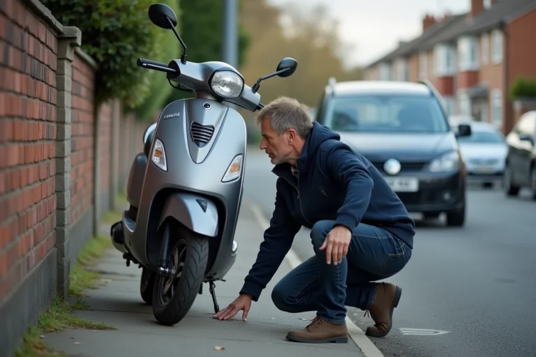Homme inspectant un scooter d'occasion dans une rue résidentielle pour vérifier son état avant achat