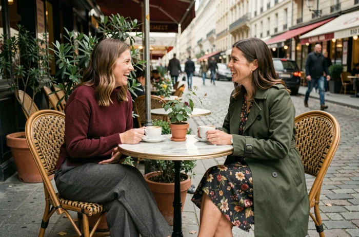Deux femmes élégantes discutant en terrasse de café parisien, inspirations looks mode automne tendances actuelles
