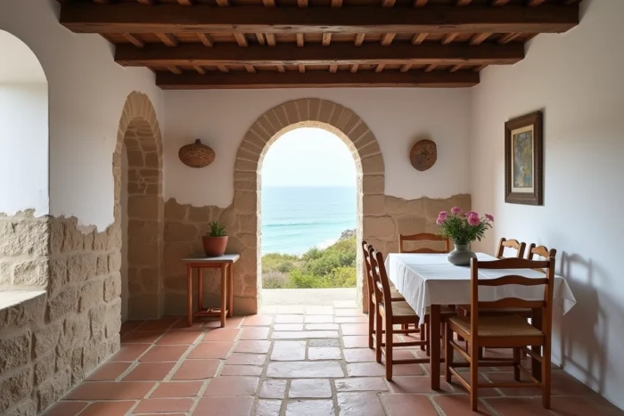Intérieur rénové d'une maison de pêcheur au Portugal avec murs en pierre et vue sur la mer