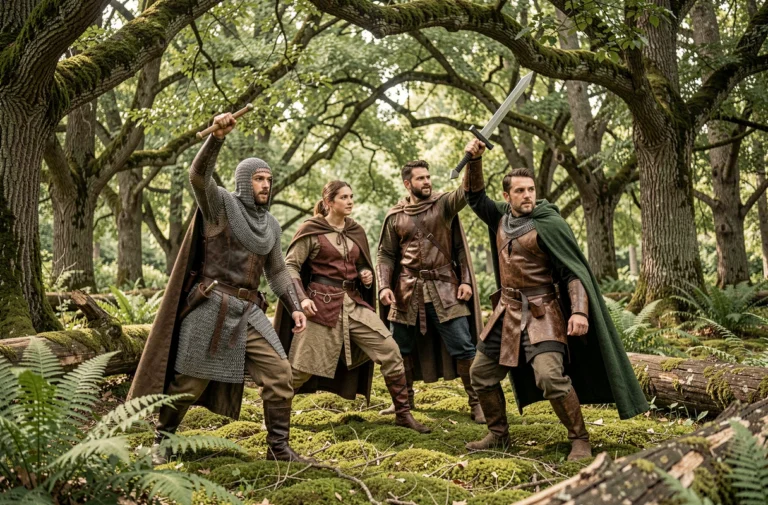 Groupe de participants en costumes médiévaux pratiquant le jeu de rôle grandeur nature dans une forêt