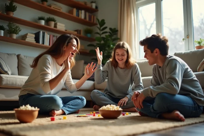 Mère et ses deux adolescents jouant à un jeu de société sur le sol du salon dans une ambiance conviviale et décontractée
