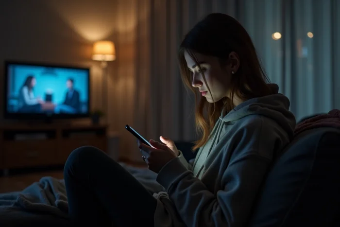 Jeune femme souriante sur un canapé la nuit regardant son smartphone avec une expression hésitante avant d'envoyer un SMS